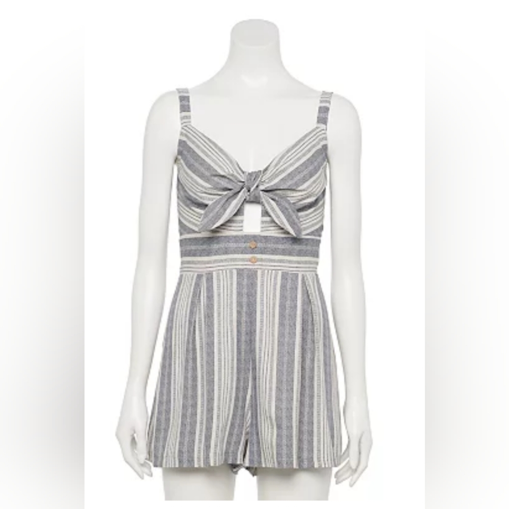 LILY ROSE, Tie-front, cut-out Romper, Blue stripe. Size Extra Large.